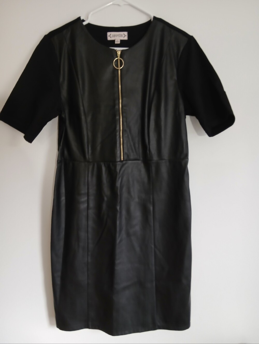 Nanette Lepore Black Faux Leather Midi Dress with Gold Ring Zip